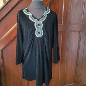 Chicos Travelers Black Tunic Dress With Turquoise Beaded Neckline Size 2 Large S